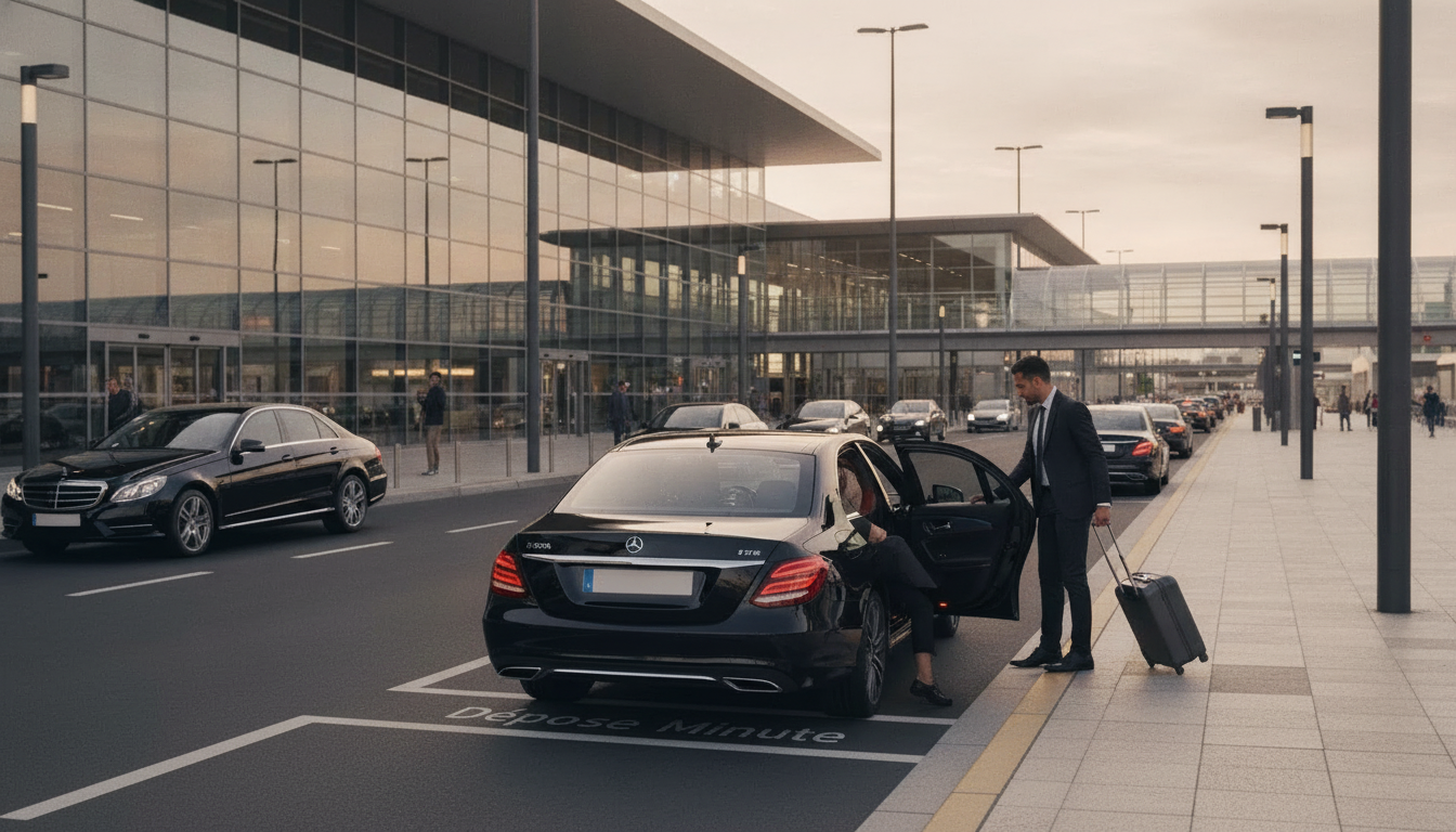 Chauffeur professionnel signant un contrat d'assurance automobile VTC avec une berline noire en arrière-plan