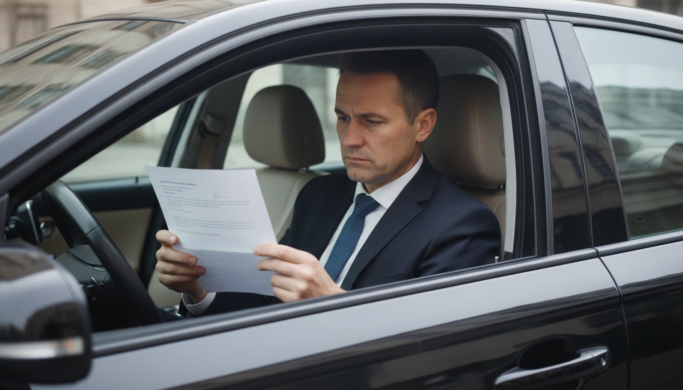 Chauffeur professionnel examinant un courrier d'assurance pour trouver une solution de réassurance rapide