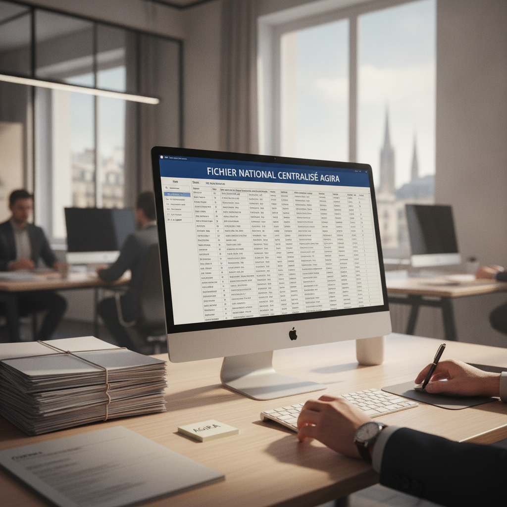 Professionnel du transport consultant le relevé d'information et le fichier centralisé AGIRA sur écran d'ordinateur
