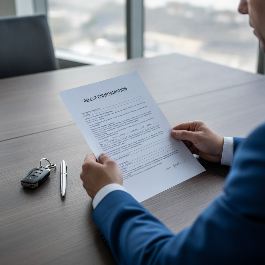 Relevé d'information d'assurance automobile officiel tenu en main attestant de l'historique de conduite sur 36 mois